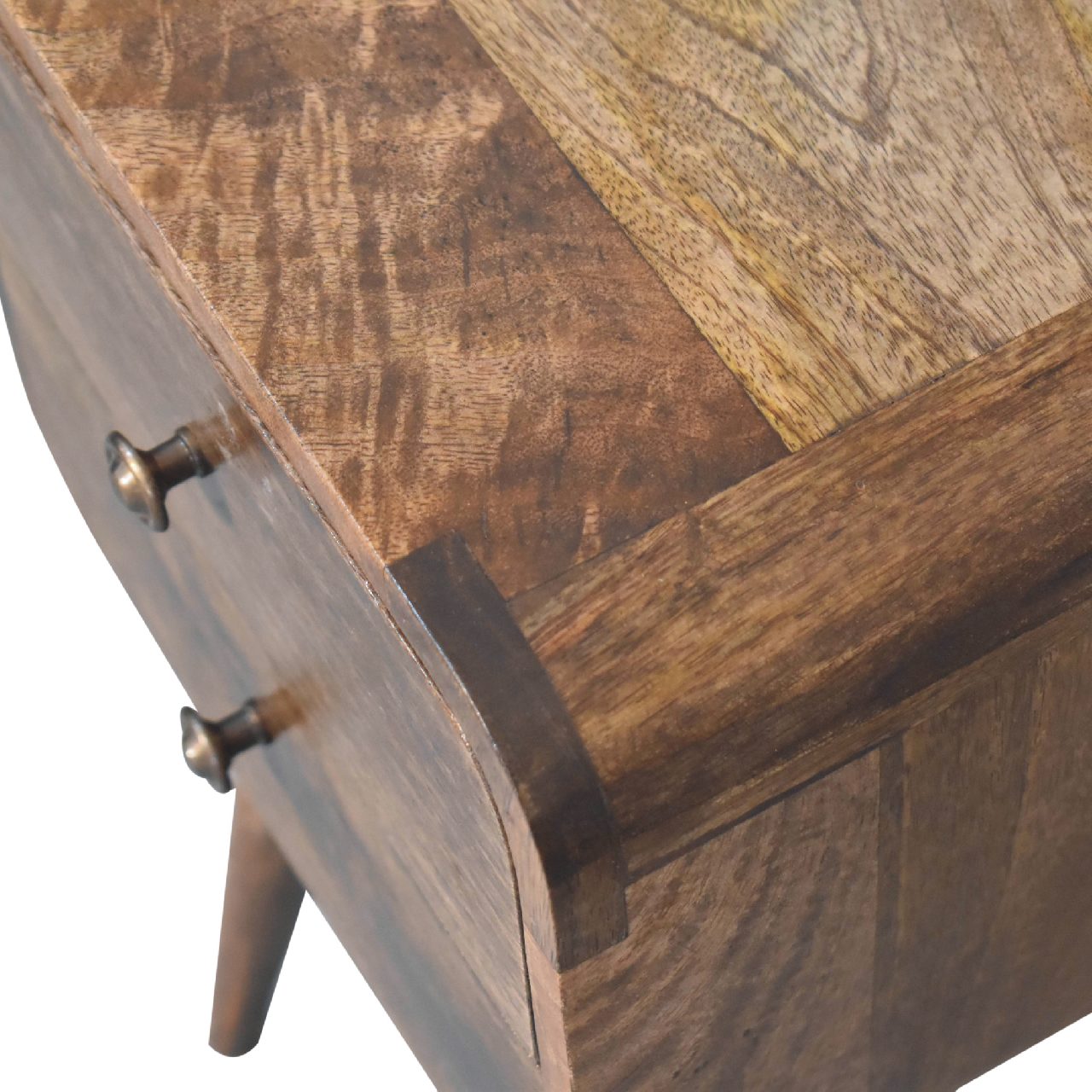 Solid Mango Wood Grey Washed 2 Drawer Mini Curved Bedside - Image 5