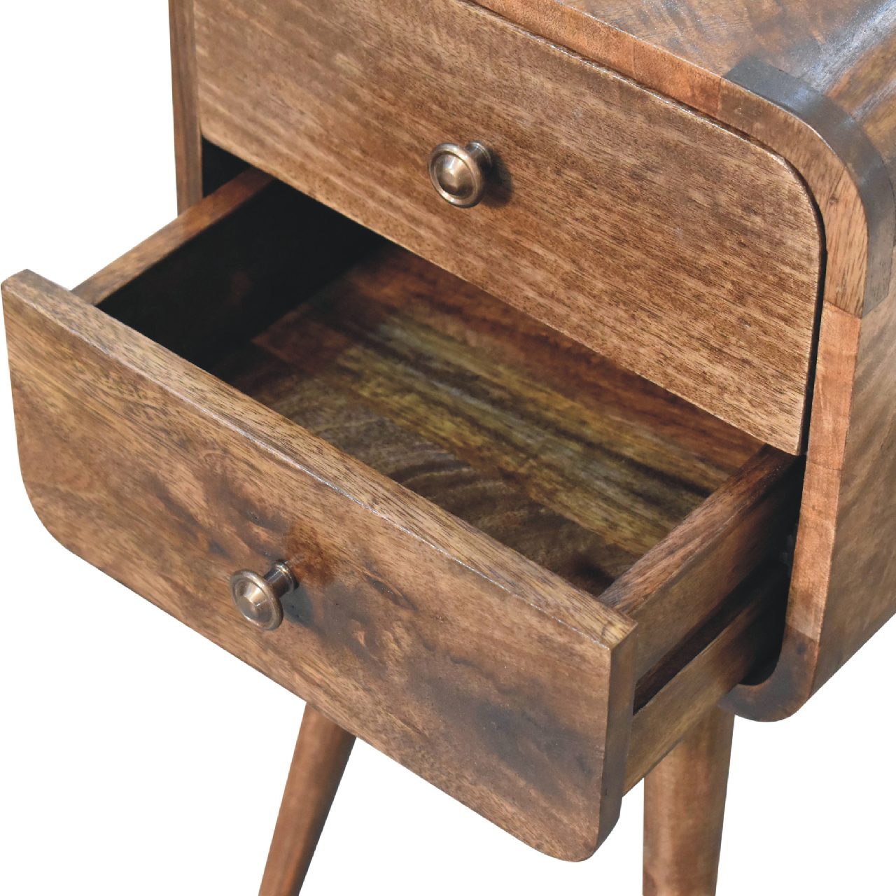 Solid Mango Wood Grey Washed 2 Drawer Mini Curved Bedside - Image 6