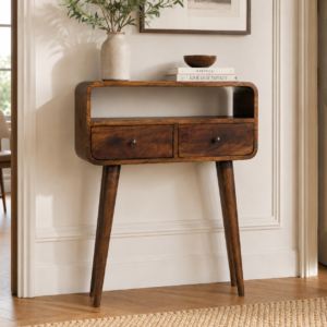 Solid Mango Wood Oak Finished Grey Washed Mini 2 Drawer Curved Hall/Console Table
