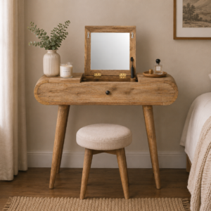 Solid Mango Wood Oak Finished Foldaway Mirror Mini Round Dressing Table