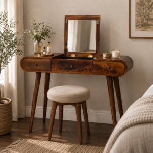 Solid Mango Wood Chestnut Finished 3 Drawer Fold Away Mirror Dressing Table