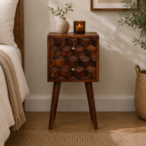 Solid Mango Wood Chestnut Finished Cube Mini 2 Drawer Bedside