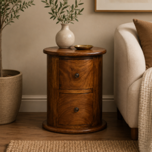 Solid Mango Wood Chestnut Finished 2 Drawer Drum Mini Chest