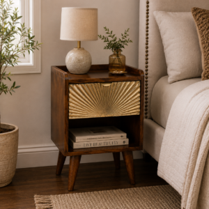 Solid Mango Wood Chestnut Finished Mini Manila Brass Plate 1 Drawer Bedside