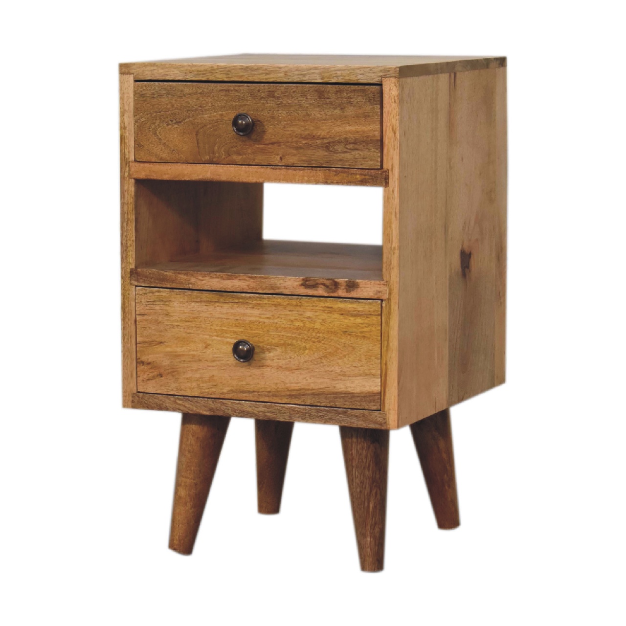 Solid Mango Wood Multi Oak Finished 2 Drawer 1 Slot Mini Classic Bedside - Image 3