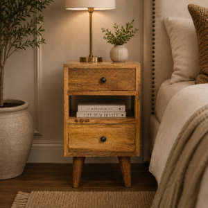 Solid Mango Wood Multi Oak Finished 2 Drawer 1 Slot Mini Classic Bedside