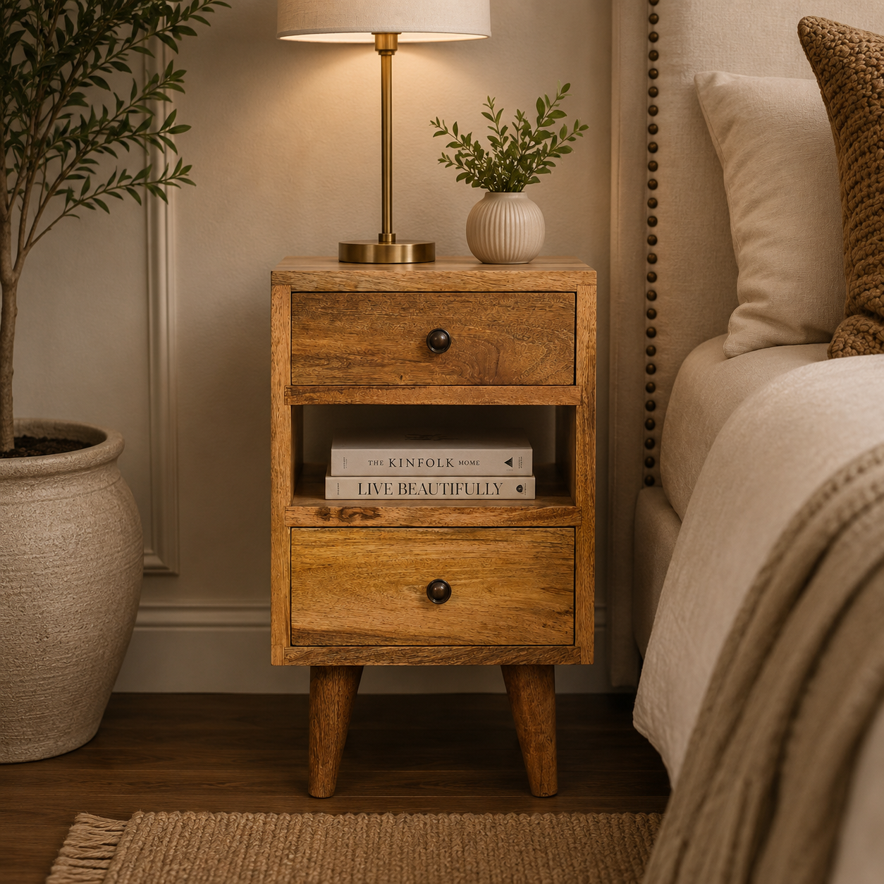 Solid Mango Wood Multi Oak Finished 2 Drawer 1 Slot Mini Classic Bedside