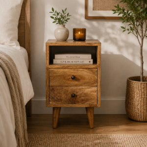 Solid Mango Wood Oak Finished 2 Drawer 1 Slot Mini Classic Open Bedside