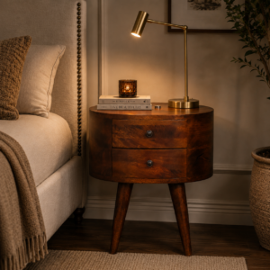 Solid Mango Wood Chestnut Finished Rounded 2 Drawer Mini Bedside with Reading Light