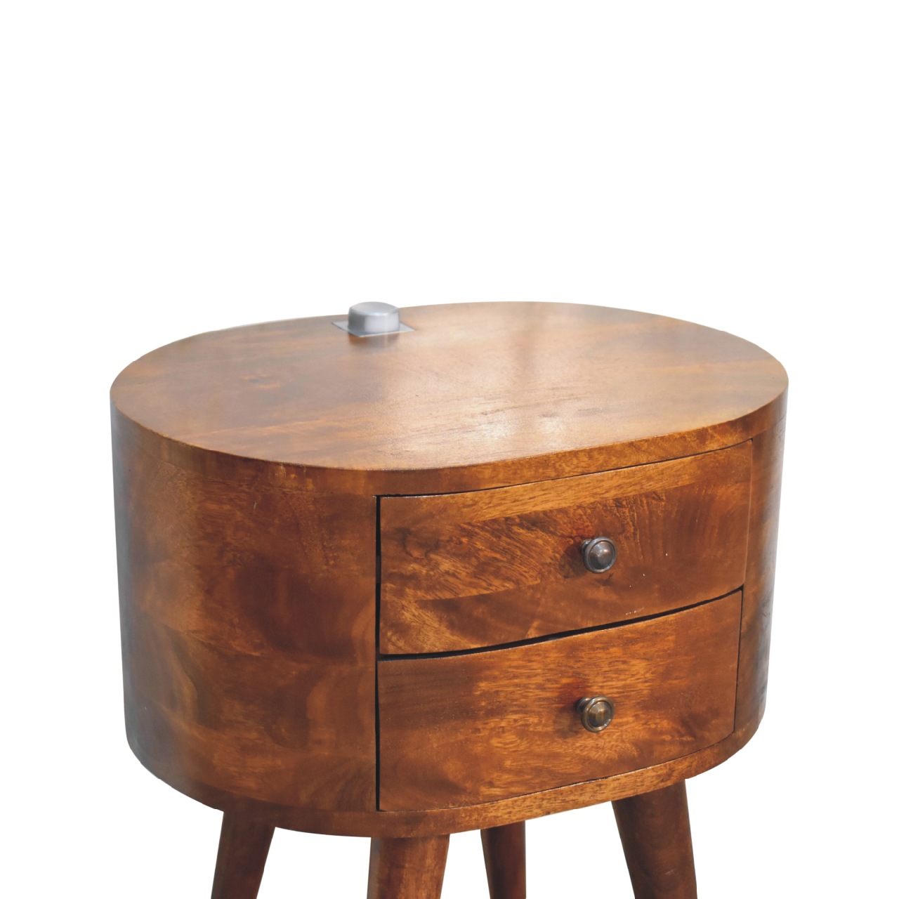 Solid Mango Wood Chestnut Finished Rounded 2 Drawer Mini Bedside with Reading Light - Image 4