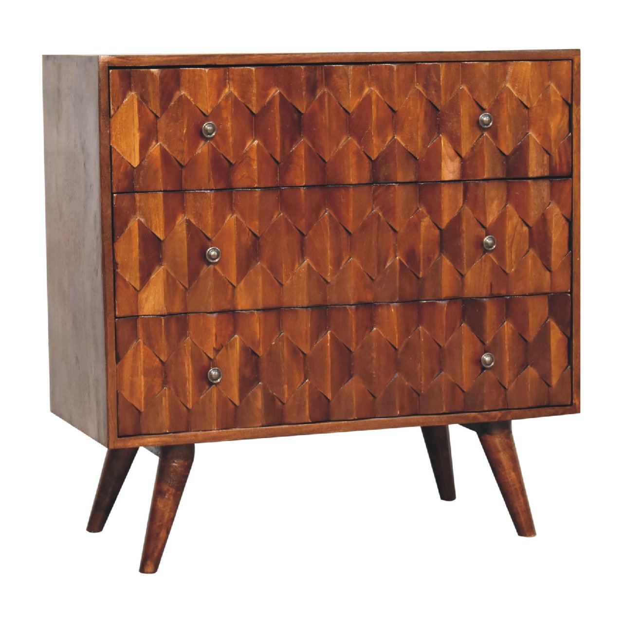 Solid Mango Wood Chestnut Finished Pineapple Patterned 3 Drawer Chest - Image 2