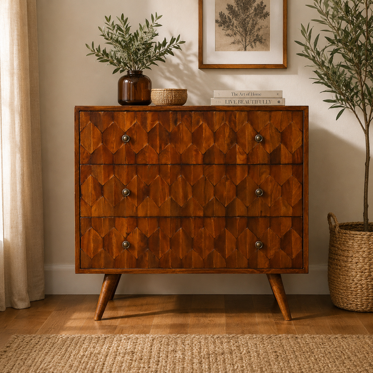 Solid Mango Wood Chestnut Finished Pineapple Patterned 3 Drawer Chest