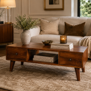 Solid Mango Wood Chestnut Finished 2 Drawer 1 Slot Classic Coffee Table