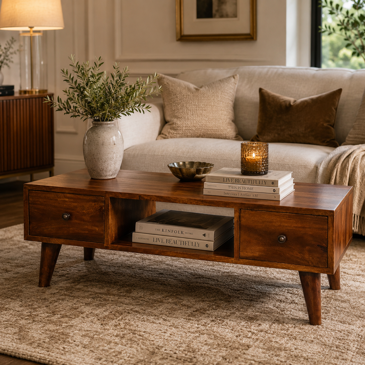 Solid Mango Wood Chestnut Finished 2 Drawer 1 Slot Classic Coffee Table