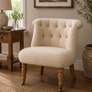 Solid Mango Wood Oak Finished Boucle Upholstered Cream Accent Chair