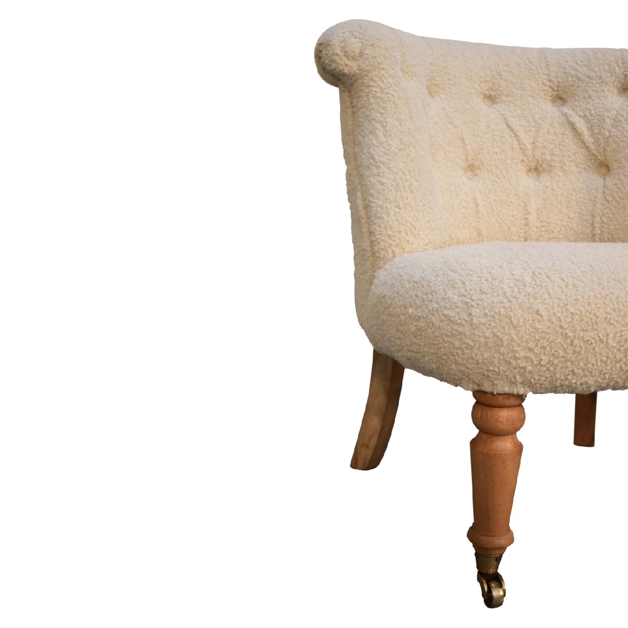 Solid Mango Wood Oak Finished Boucle Upholstered Cream Accent Chair - Image 5