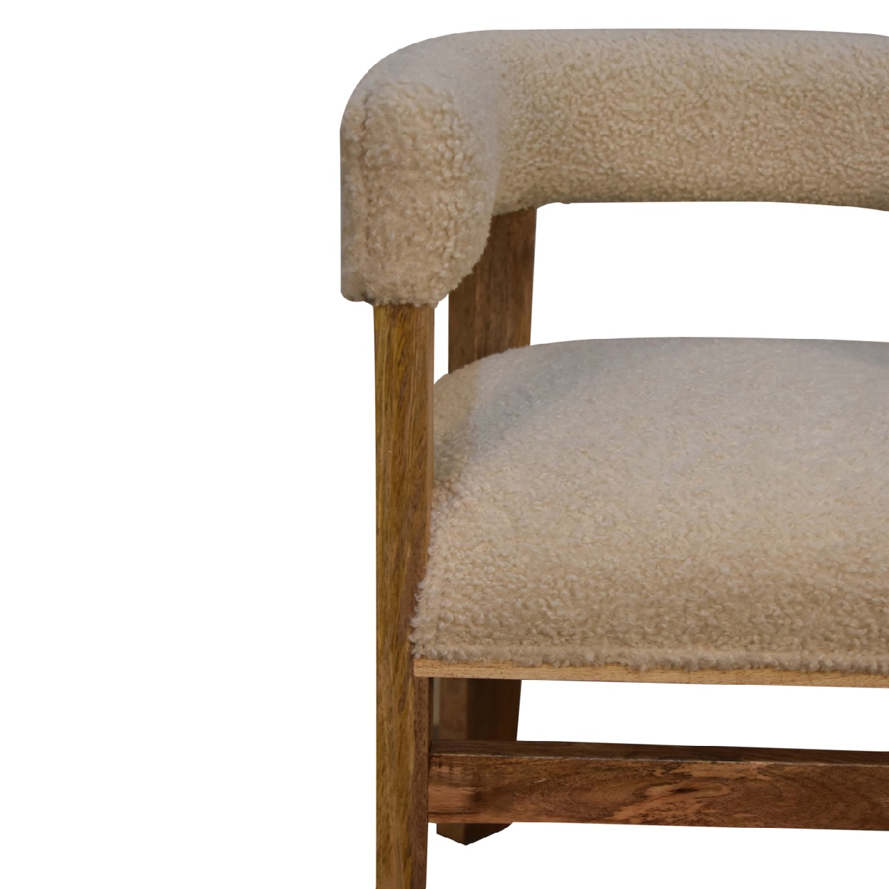 Solid Mango Wood Oak Finished Boucle Upholstered Cream Chair - Image 3