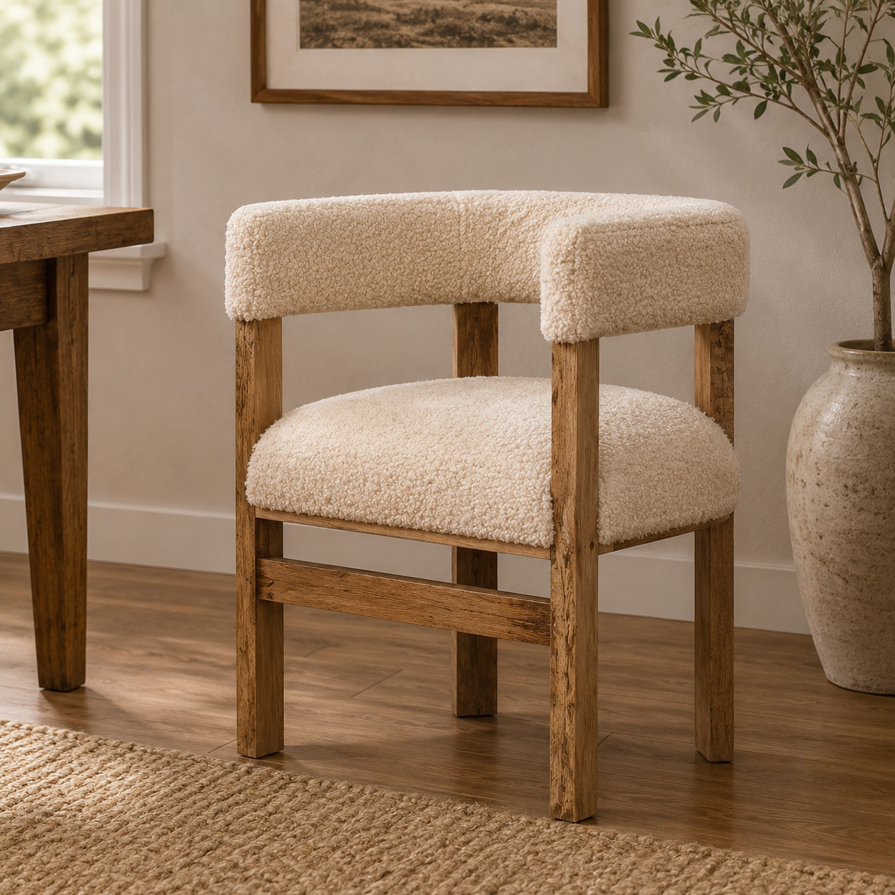 Solid Mango Wood Oak Finished Boucle Upholstered Cream Chair