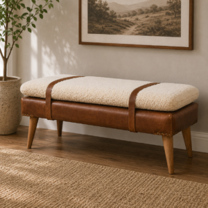 Solid Mango Wood Bouclé Upholstered & Leather Bench with Straps