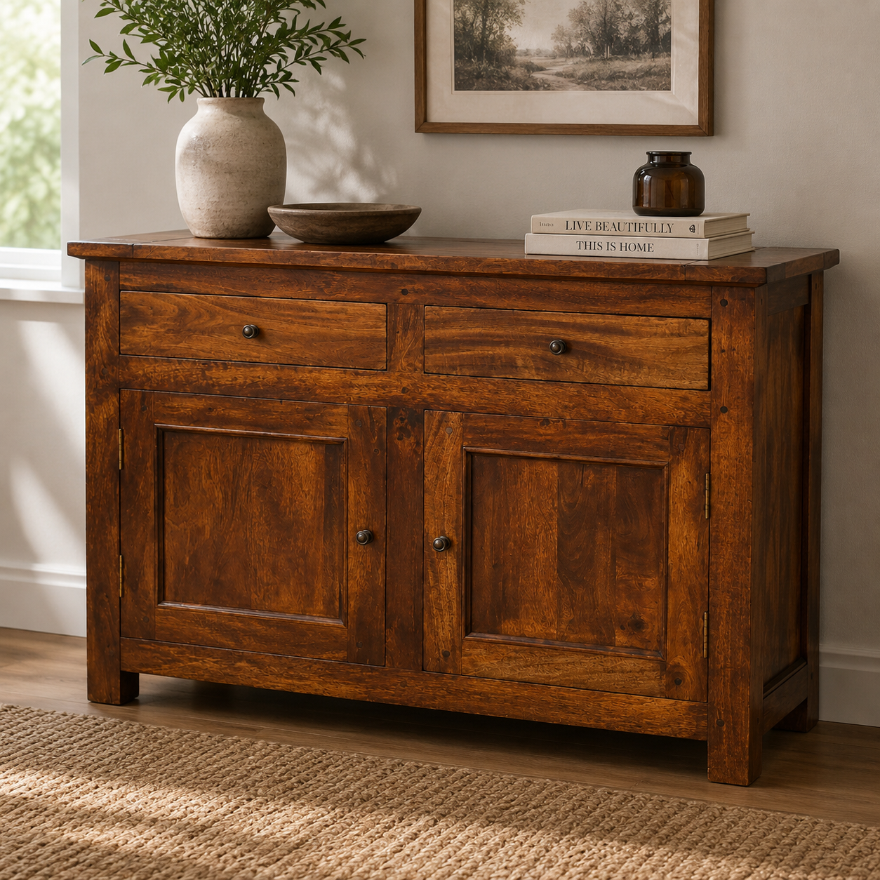 Solid Mango Wood Chestnut Finished 2 Drawer 2 Door Sideboard
