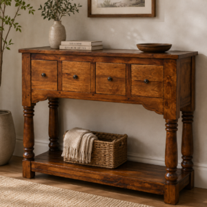 Solid Mango Wood Classic Chestnut Finished 4 Drawer Console Table