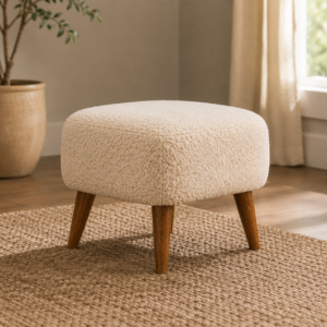 Solid Mango Wood Boucle Cream Square Footstool