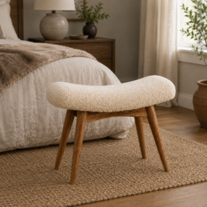 Solid Mango Wood Oak Finished Cream Boucle Curved Bench