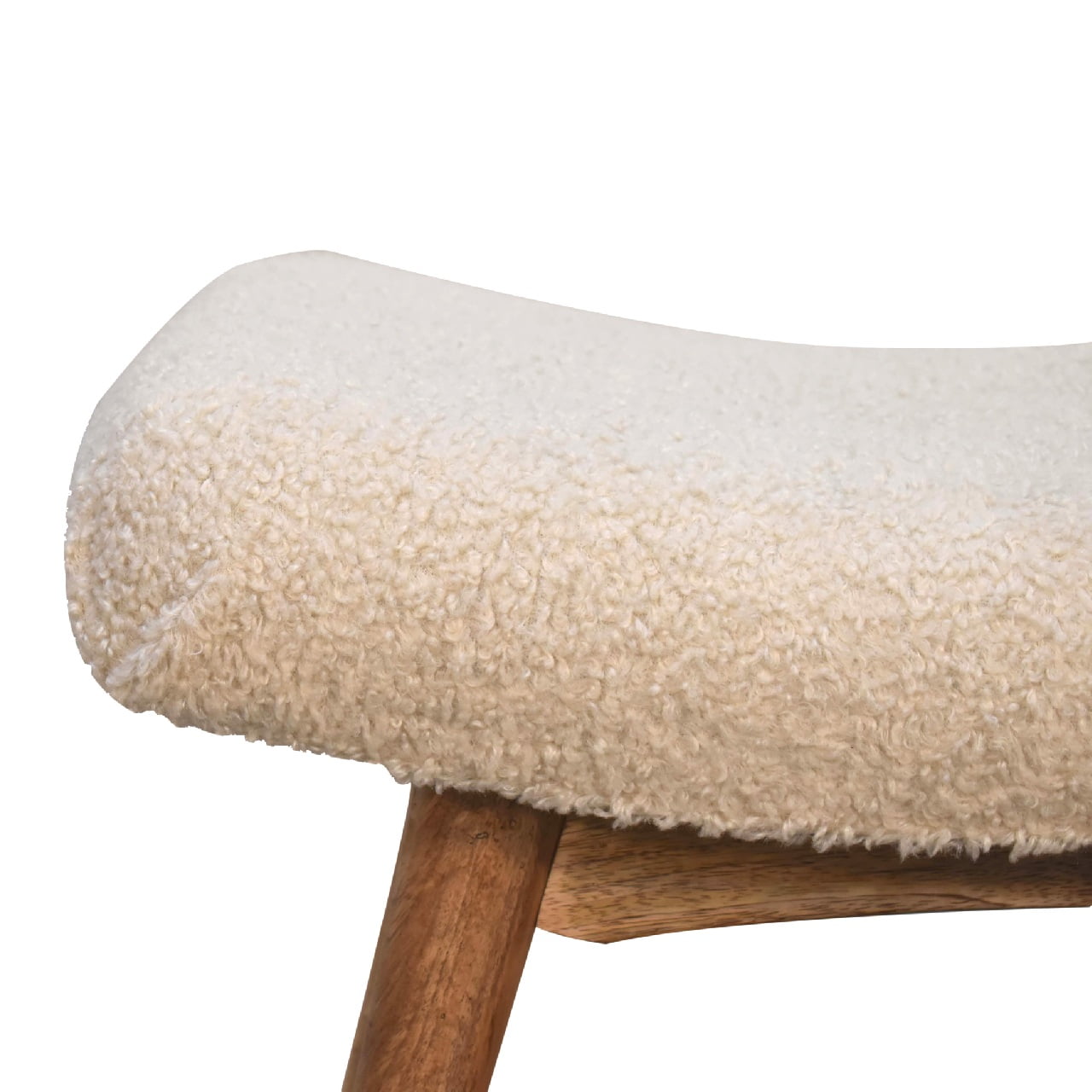 Solid Mango Wood Oak Finished Cream Boucle Curved Bench - Image 4