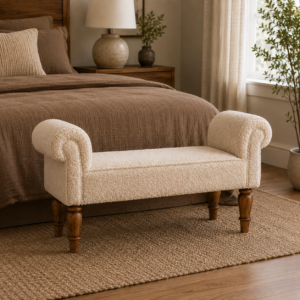 Solid Mango Wood Oak Finished Boucle Cream Footstool/Bench with Arms