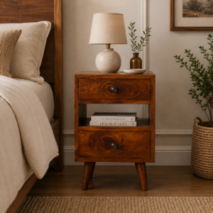 Solid Mango Wood Chestnut Finished 2 Drawer 1 Slot Mini Classic Bedside