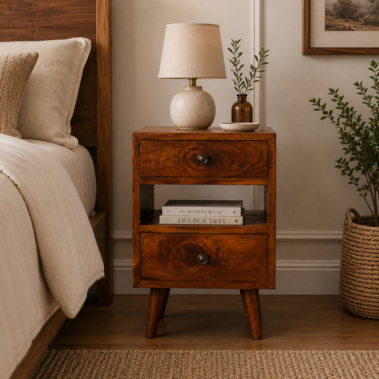 Solid Mango Wood Chestnut Finished 2 Drawer 1 Slot Mini Classic Bedside