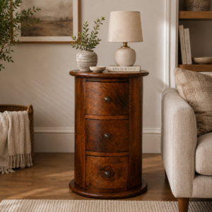 Solid Mango Wood Chestnut Finished 3 Drawer Mini Drum Chest