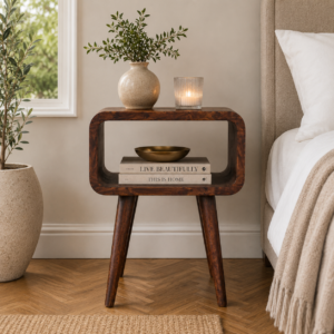 Solid Mango Wood Chestnut Finished Mini Curved Open Bedside