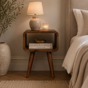 Solid Mango Wood Oak Finished Curved Open Bedside