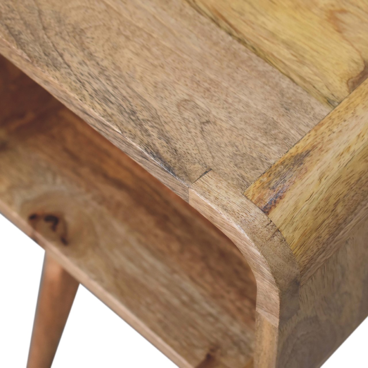 Solid Mango Wood Oak Finished Curved Open Bedside - Image 5