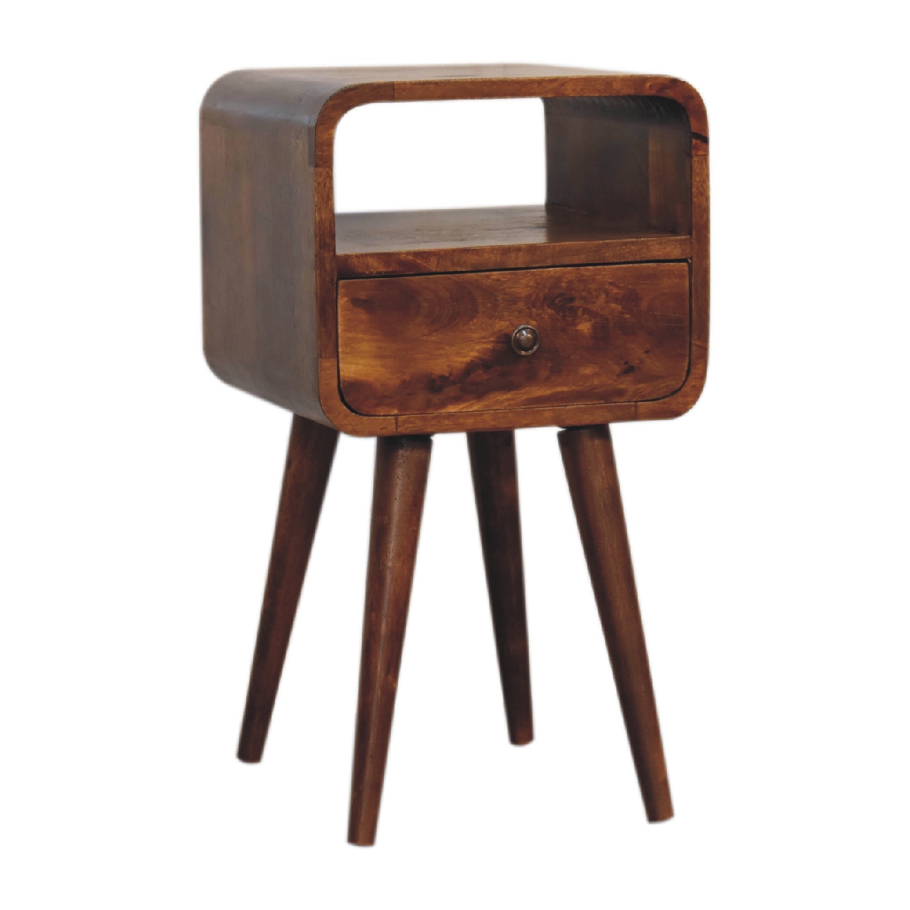 Solid Mango Wood Mini Chestnut Finished 1 Drawer 1 Slot Curve Open Bedside - Image 2
