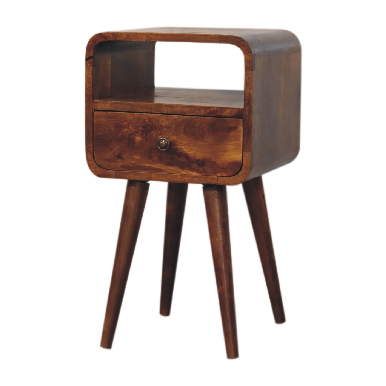 Solid Mango Wood Mini Chestnut Finished 1 Drawer 1 Slot Curve Open Bedside - Image 3