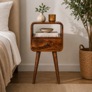 Solid Mango Wood Mini Chestnut Finished 1 Drawer 1 Slot Curve Open Bedside
