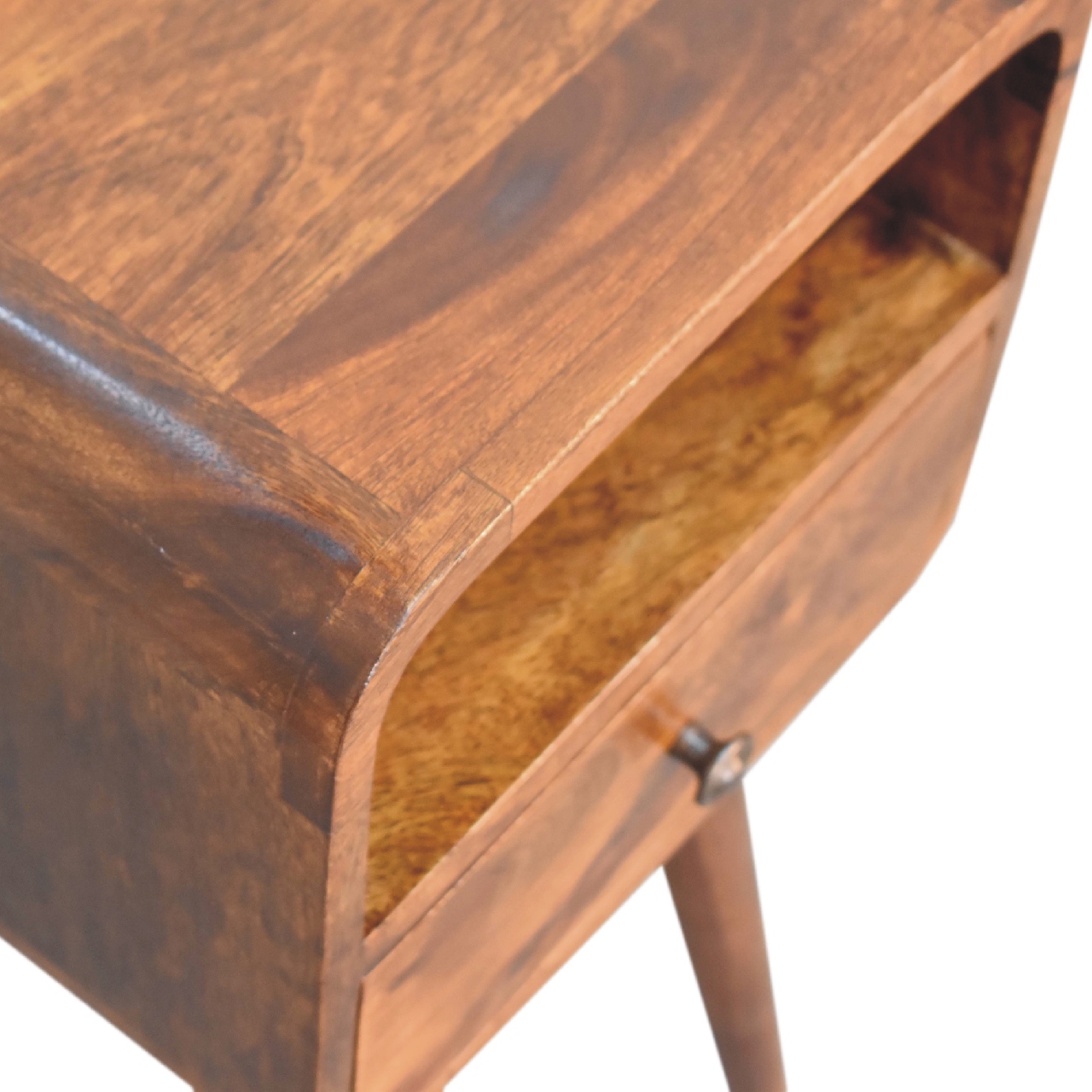 Solid Mango Wood Mini Chestnut Finished 1 Drawer 1 Slot Curve Open Bedside - Image 4