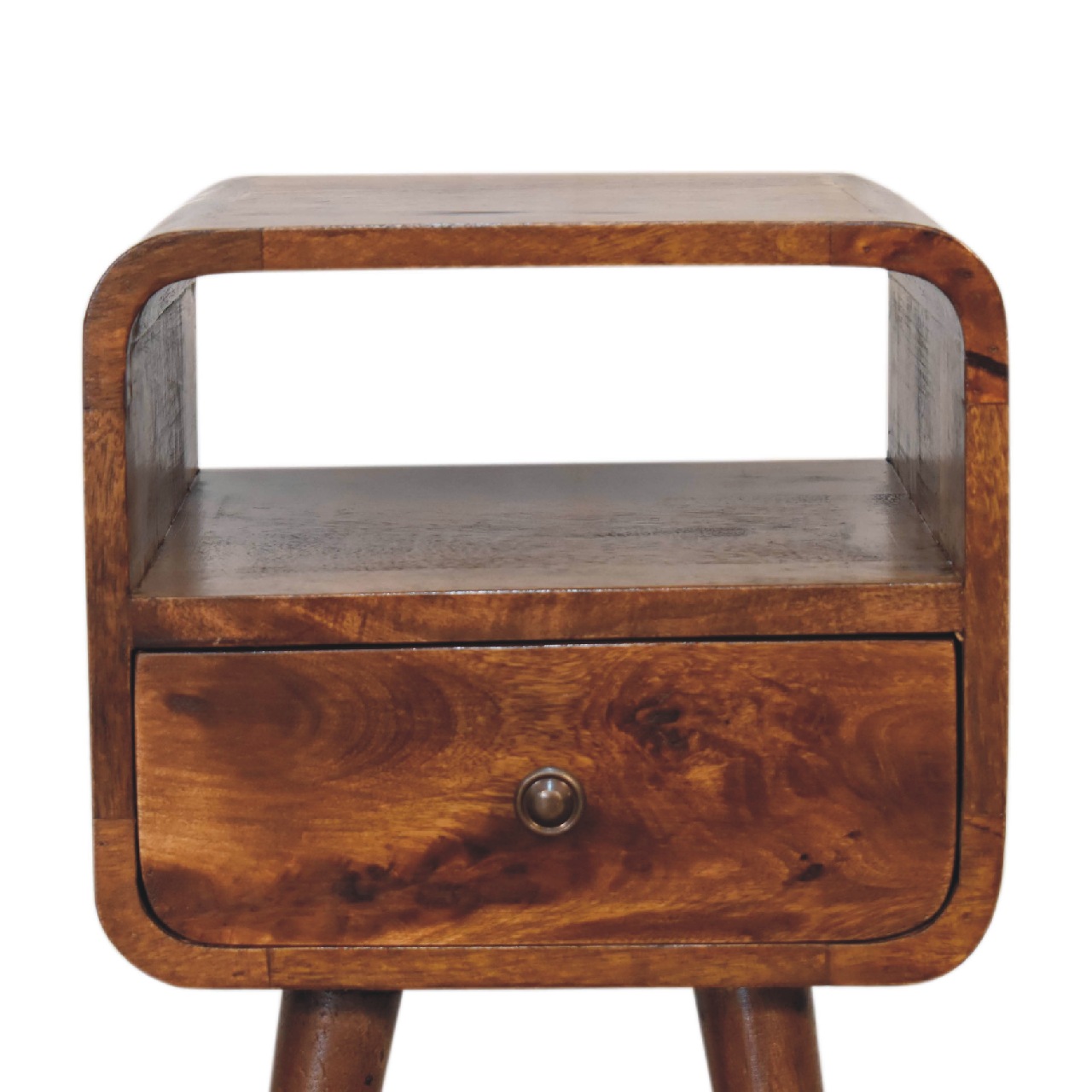Solid Mango Wood Mini Chestnut Finished 1 Drawer 1 Slot Curve Open Bedside - Image 5