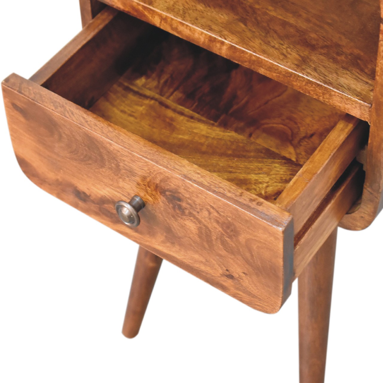 Solid Mango Wood Mini Chestnut Finished 1 Drawer 1 Slot Curve Open Bedside - Image 6