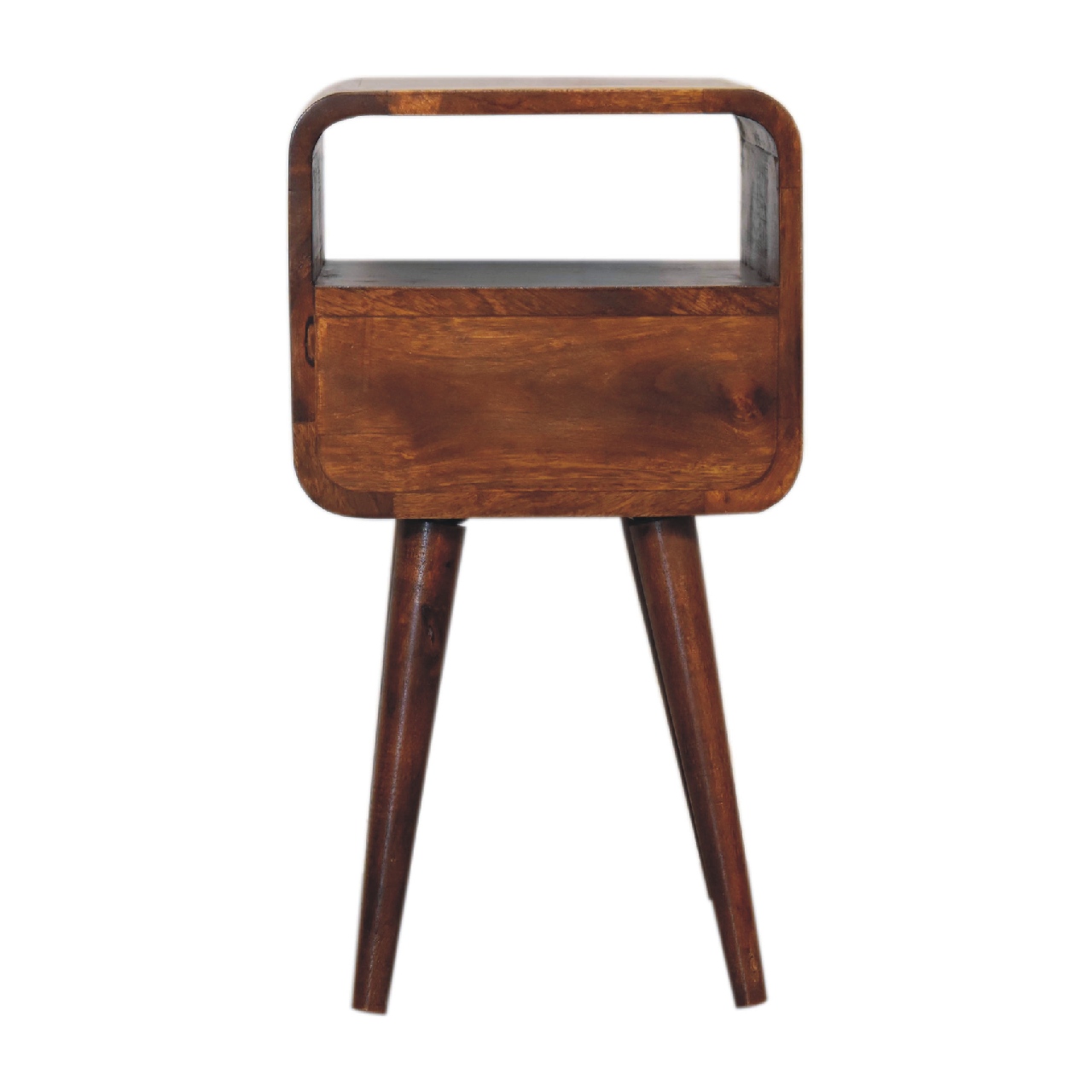 Solid Mango Wood Mini Chestnut Finished 1 Drawer 1 Slot Curve Open Bedside - Image 9
