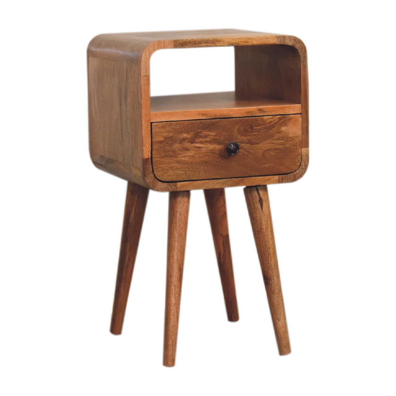 Solid Mango Wood Oak Finished 1 Drawer 1 Slot Mini Curve Open Bedside - Image 2