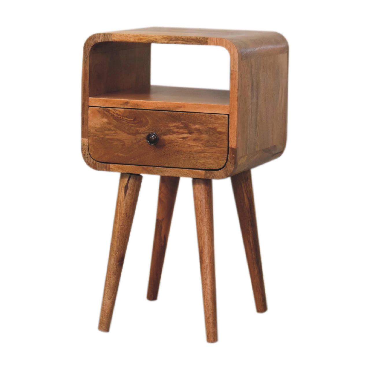 Solid Mango Wood Oak Finished 1 Drawer 1 Slot Mini Curve Open Bedside - Image 3
