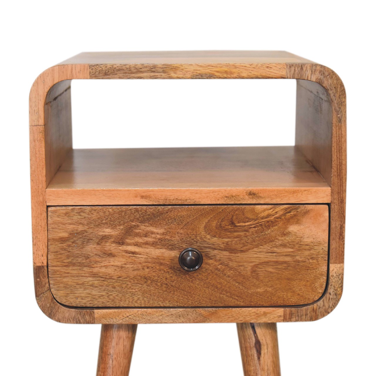 Solid Mango Wood Oak Finished 1 Drawer 1 Slot Mini Curve Open Bedside - Image 4