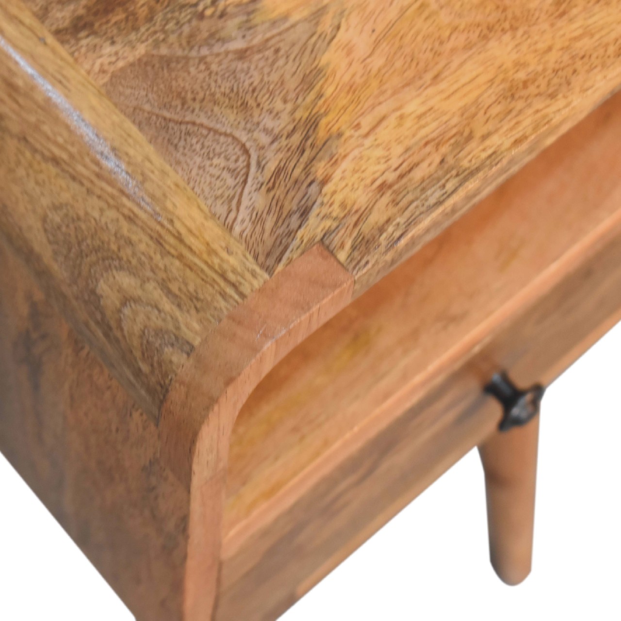 Solid Mango Wood Oak Finished 1 Drawer 1 Slot Mini Curve Open Bedside - Image 5