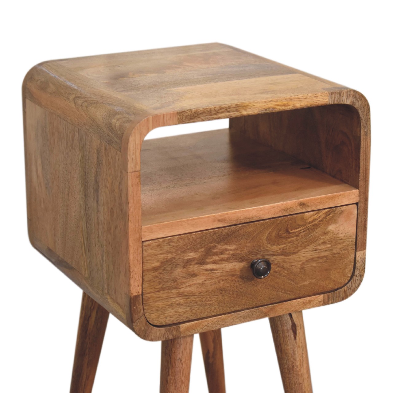Solid Mango Wood Oak Finished 1 Drawer 1 Slot Mini Curve Open Bedside - Image 6