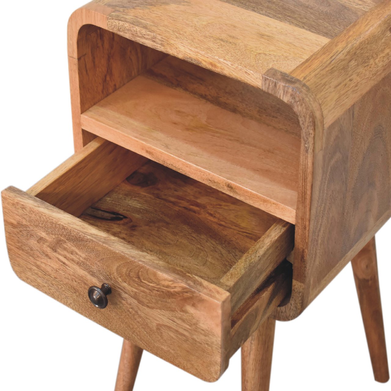 Solid Mango Wood Oak Finished 1 Drawer 1 Slot Mini Curve Open Bedside - Image 7