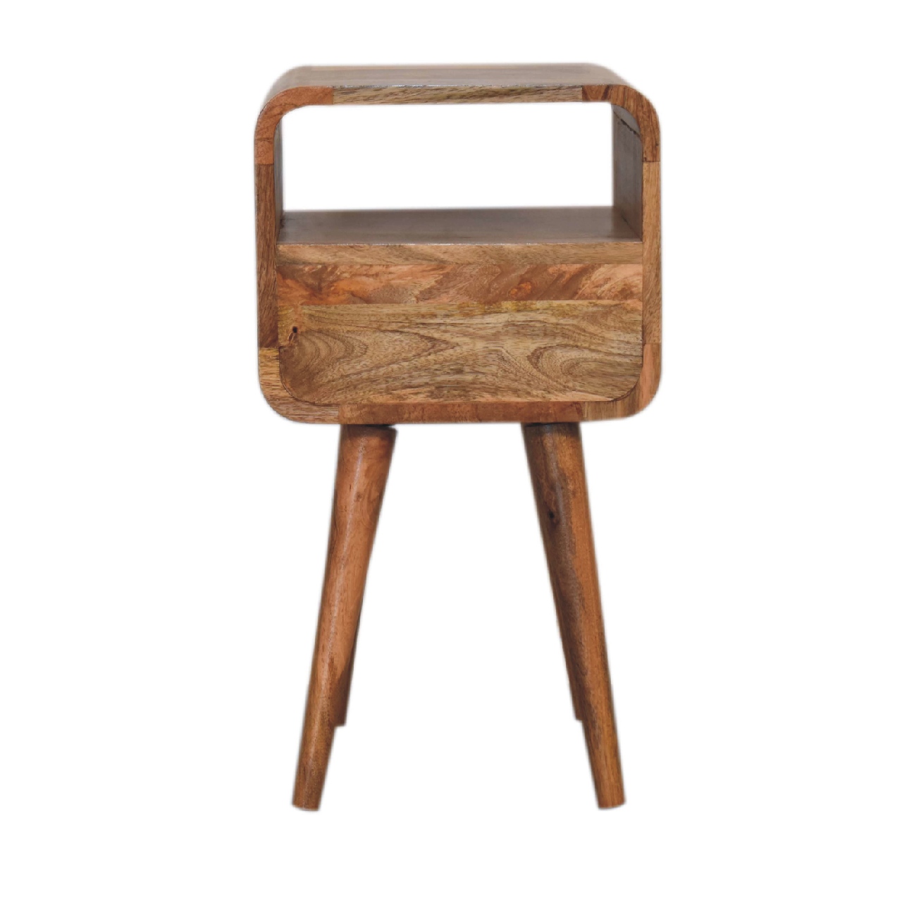 Solid Mango Wood Oak Finished 1 Drawer 1 Slot Mini Curve Open Bedside - Image 9