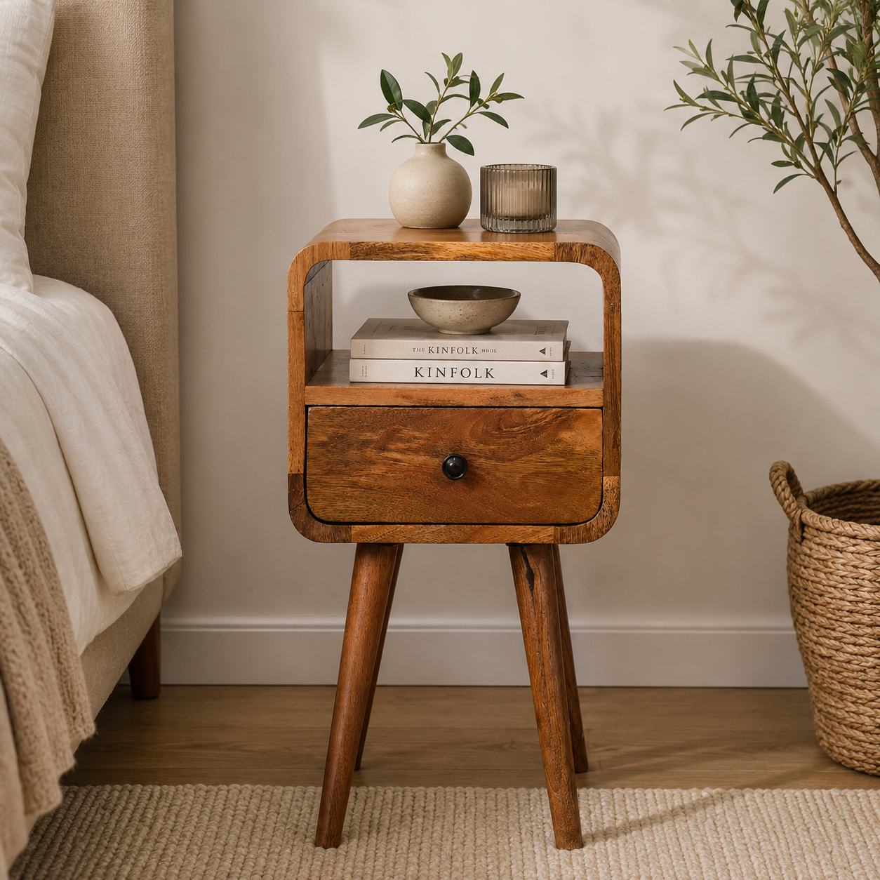 Solid Mango Wood Oak Finished 1 Drawer 1 Slot Mini Curve Open Bedside